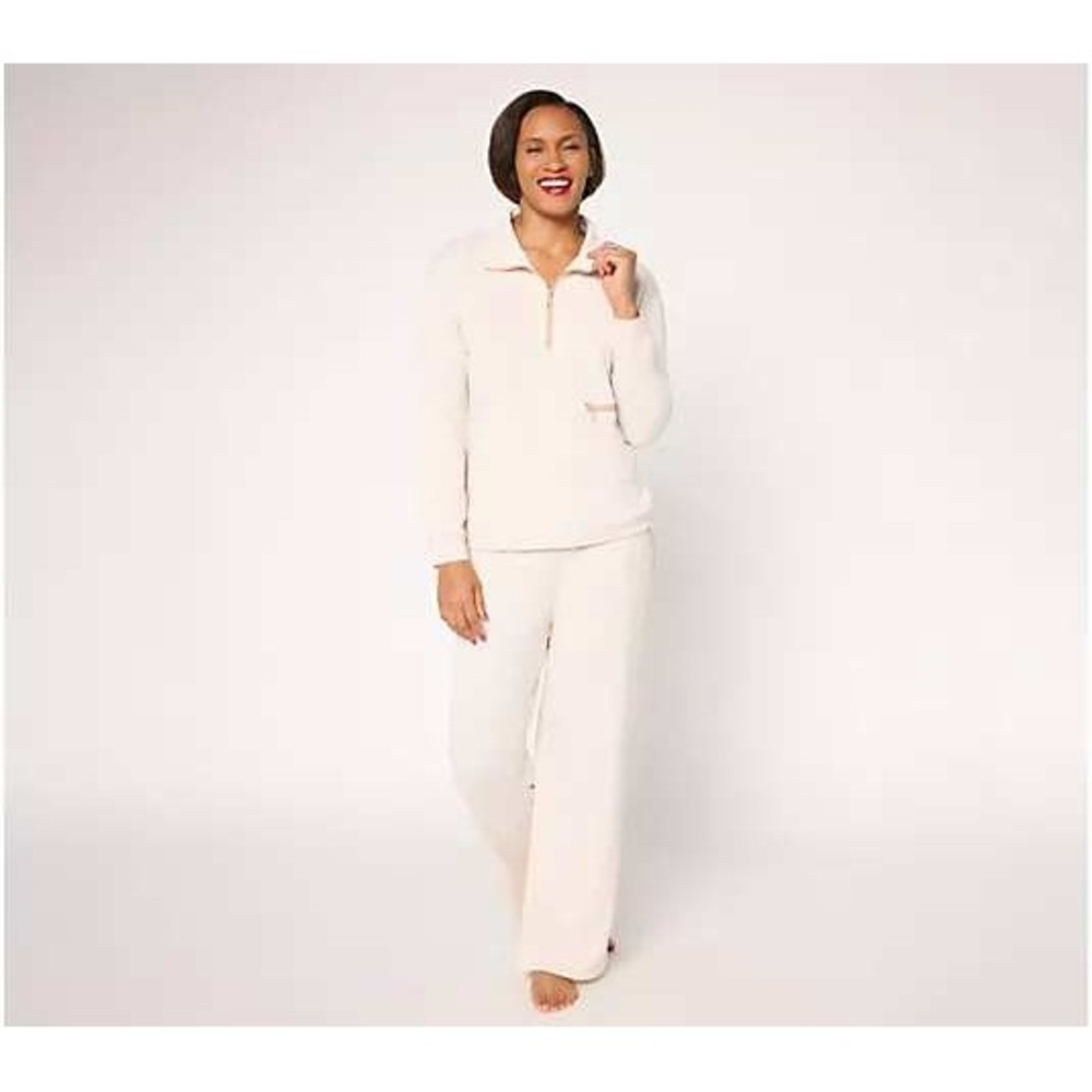 Muk Luks Petite French Terry Quarter Zip and Pant Lounge Set Cream P1X New